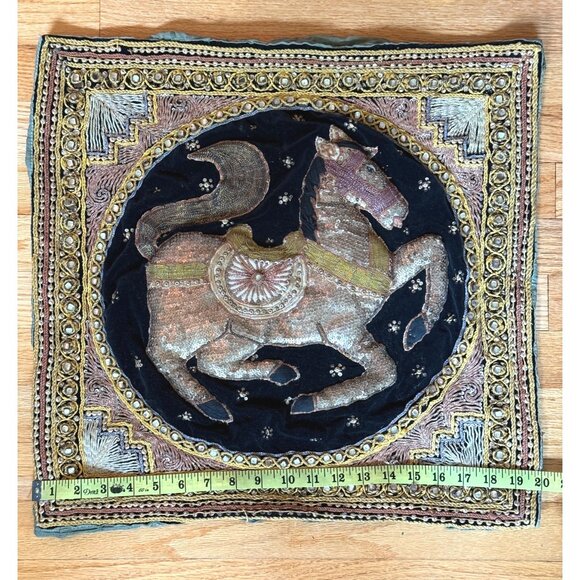 Handmade Burmese Kalaga Embroidered Tapestry Sequined Horse Motif - Picture 2 of 11